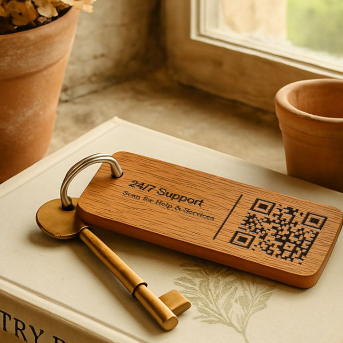 Custom Wooden Keyrings for Airbnb, Hotels & Property Management | Engraved Solid Oak with Logo, Text & QR Code
