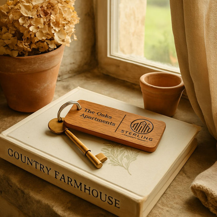Custom Wooden Keyrings for Airbnb, Hotels & Property Management | Engraved Solid Oak with Logo, Text & QR Code
