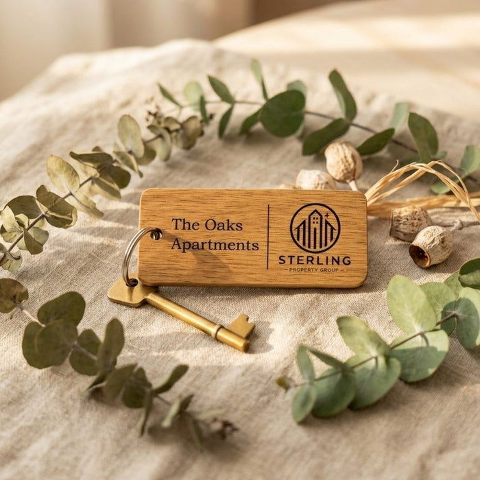 Custom Wooden Keyrings for Airbnb, Hotels & Property Management | Engraved Solid Oak with Logo, Text & QR Code