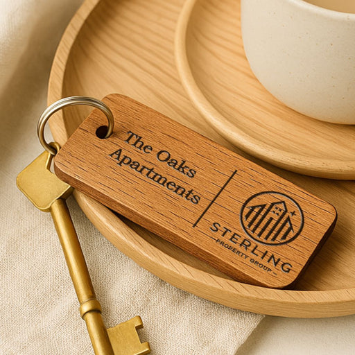 Custom Wooden Keyrings for Airbnb, Hotels & Property Management | Engraved Solid Oak with Logo, Text & QR Code