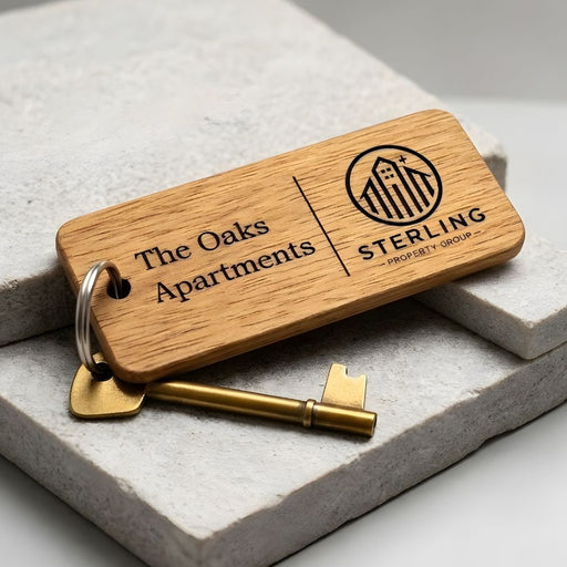 Custom Wooden Keyrings for Airbnb, Hotels & Property Management | Engraved Solid Oak with Logo, Text & QR Code