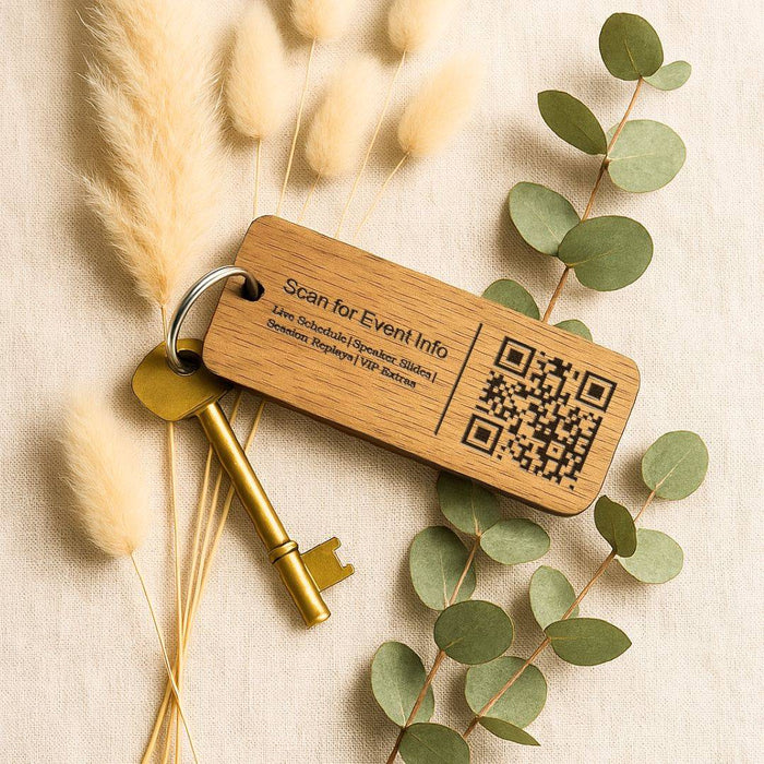 Custom Wooden Keyrings for Events, Conferences & Seminars | Engraved with Logo, QR Code or Event Info