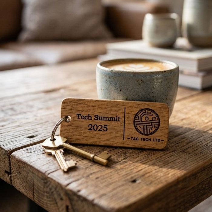 Custom Wooden Keyrings for Events, Conferences & Seminars | Engraved with Logo, QR Code or Event Info