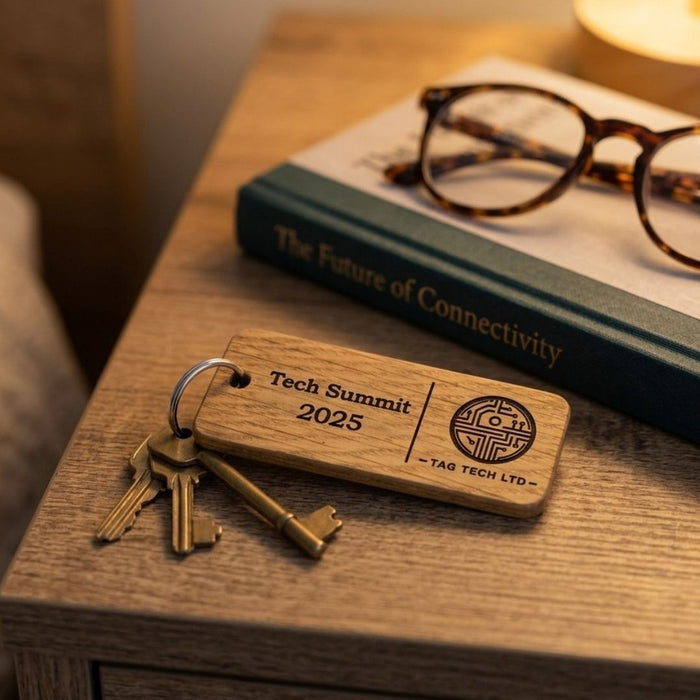 Custom Wooden Keyrings for Events, Conferences & Seminars | Engraved with Logo, QR Code or Event Info
