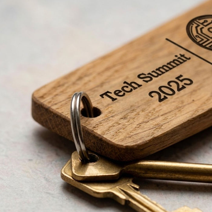 Custom Wooden Keyrings for Events, Conferences & Seminars | Engraved with Logo, QR Code or Event Info