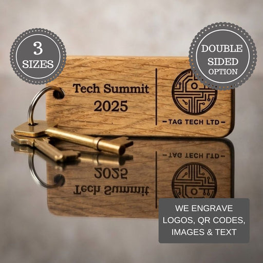 Custom Wooden Keyrings for Events, Conferences & Seminars | Engraved with Logo, QR Code or Event Info