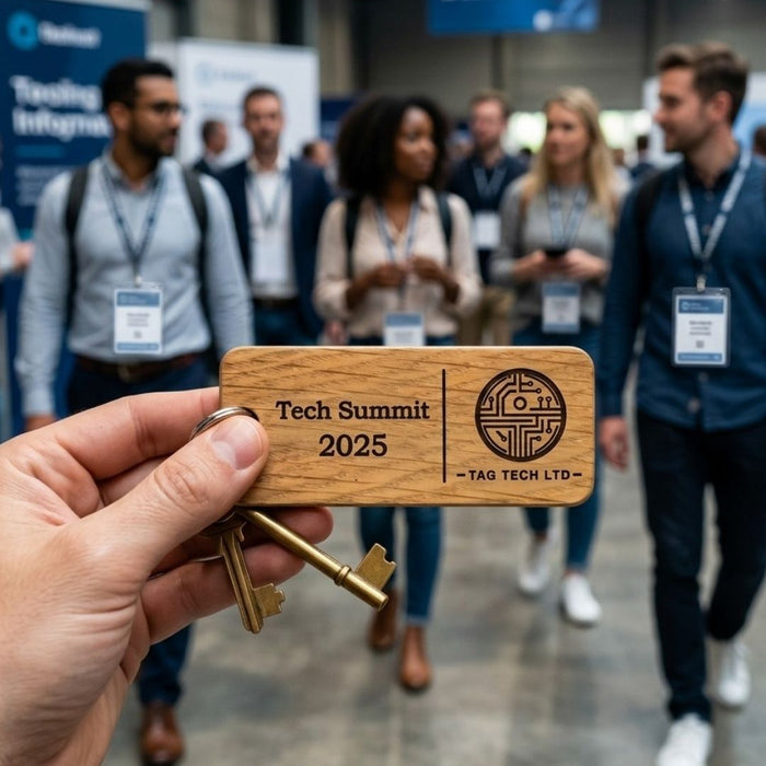 Custom Wooden Keyrings for Events, Conferences & Seminars | Engraved with Logo, QR Code or Event Info