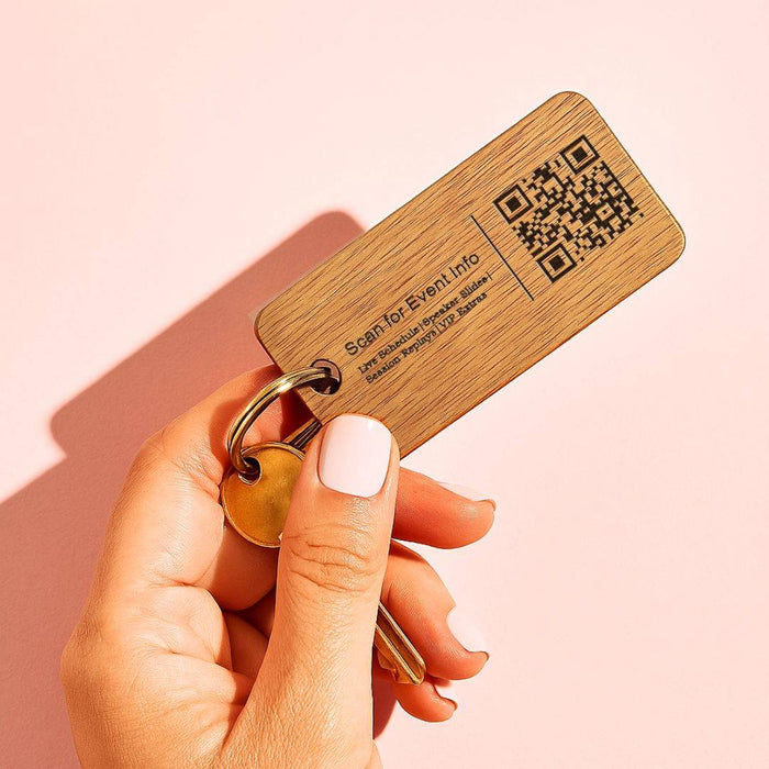 Custom Wooden Keyrings for Events, Conferences & Seminars | Engraved with Logo, QR Code or Event Info