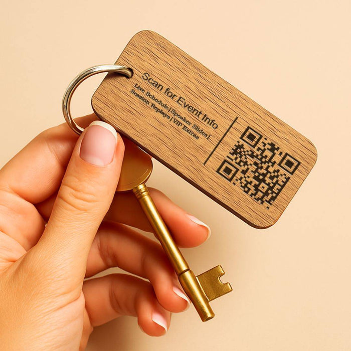 Custom Wooden Keyrings for Events, Conferences & Seminars | Engraved with Logo, QR Code or Event Info