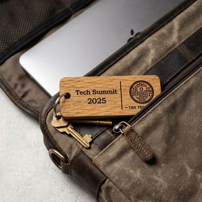 Custom Wooden Keyrings for Events, Conferences & Seminars | Engraved with Logo, QR Code or Event Info
