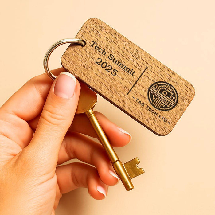 Custom Wooden Keyrings for Events, Conferences & Seminars | Engraved with Logo, QR Code or Event Info