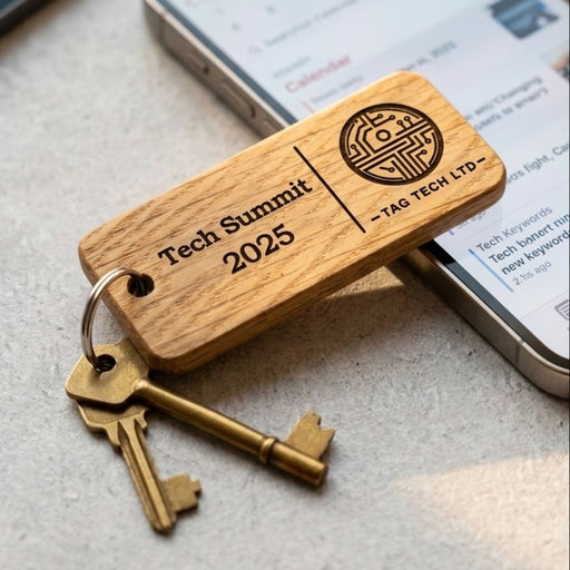 Custom Wooden Keyrings for Events, Conferences & Seminars | Engraved with Logo, QR Code or Event Info