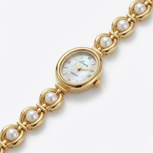Elegant Pearl Strap Ladies Watch – Vintage Oval Quartz Wristwatch for Women