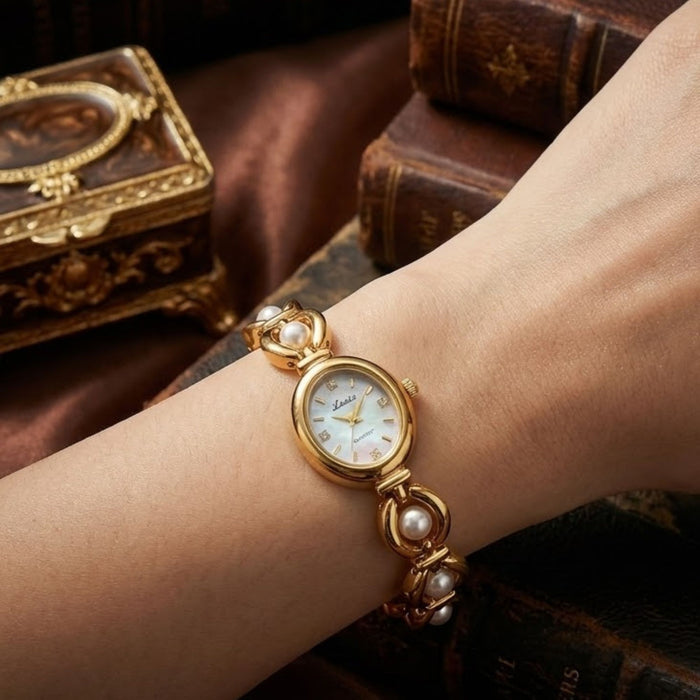 Elegant Pearl Strap Ladies Watch – Vintage Oval Quartz Wristwatch for Women