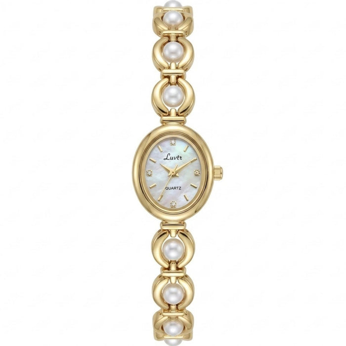 Elegant Pearl Strap Ladies Watch – Vintage Oval Quartz Wristwatch for Women