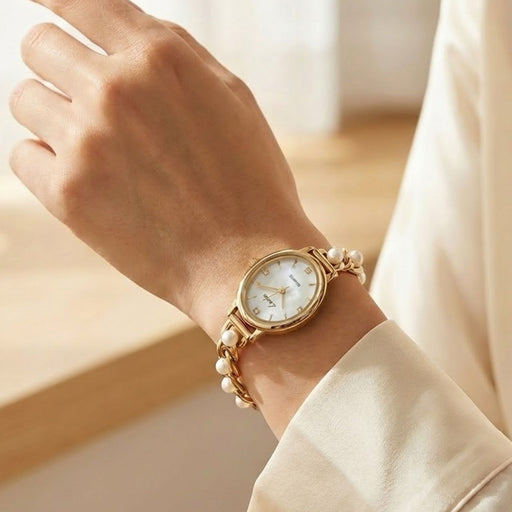 Elegant Pearl Strap Ladies Watch – Vintage Oval Quartz Wristwatch for Women