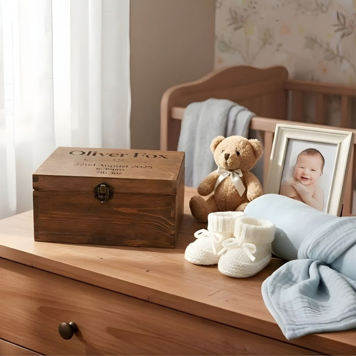 Engraved Baby Keepsake Box I Newborn Baby Birth Date Wood Memento Box