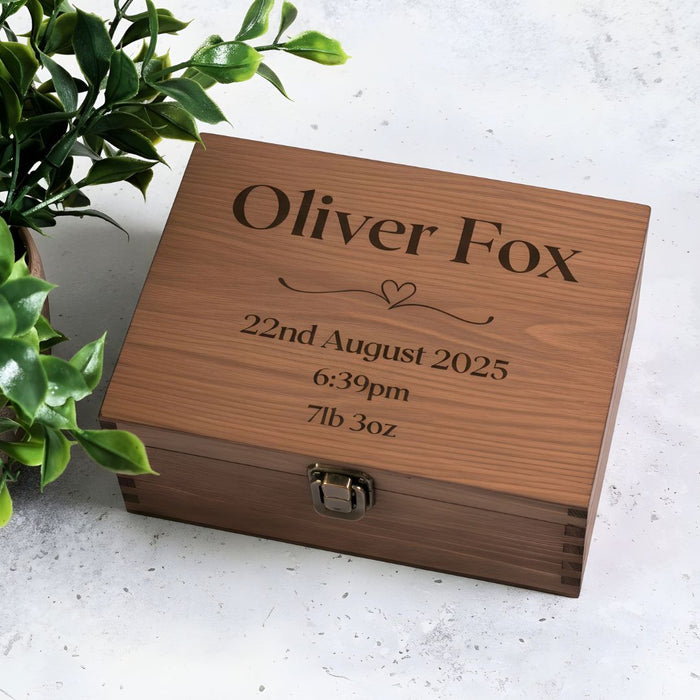 Engraved Baby Keepsake Box I Newborn Baby Birth Date Wood Memento Box