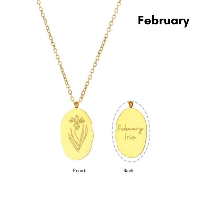 Engraved Birth Flower Pendant Necklace