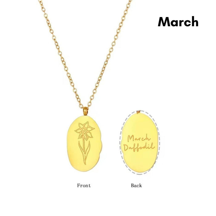 Engraved Birth Flower Pendant Necklace