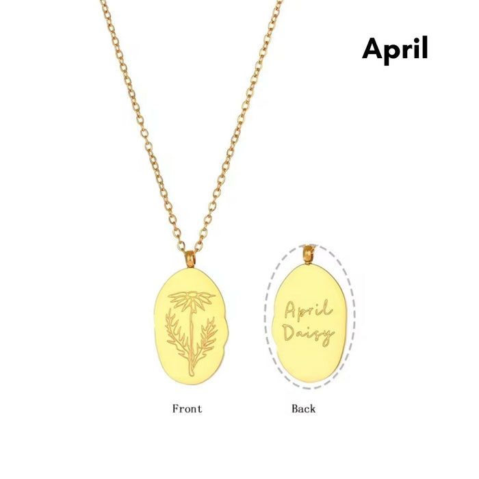 Engraved Birth Flower Pendant Necklace