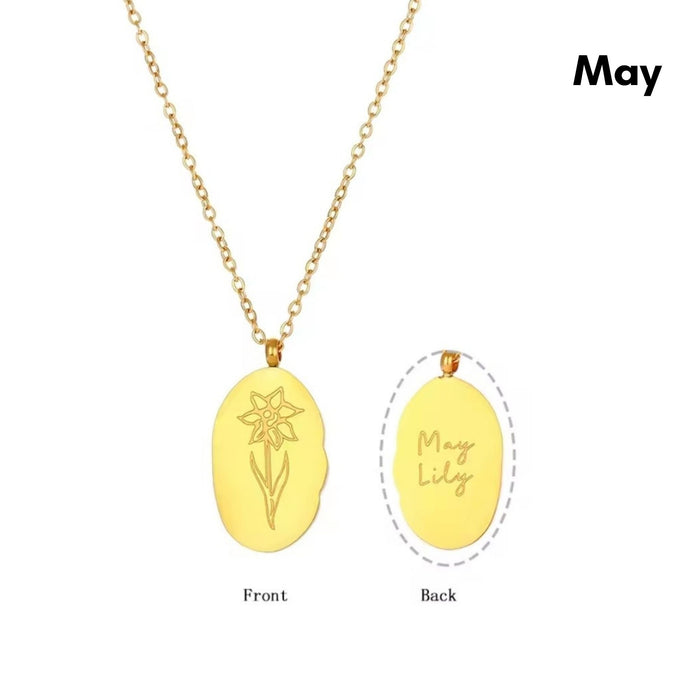 Engraved Birth Flower Pendant Necklace
