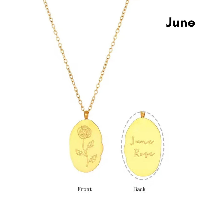 Engraved Birth Flower Pendant Necklace