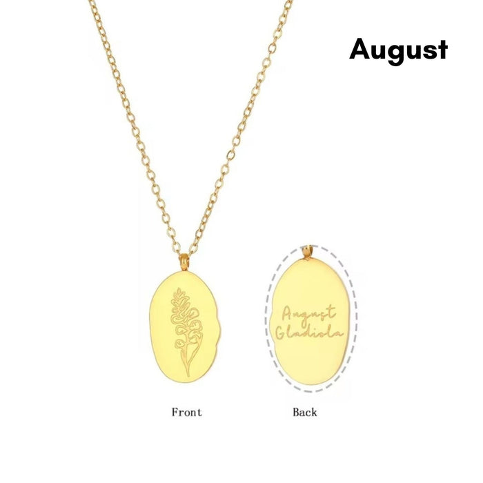 Engraved Birth Flower Pendant Necklace