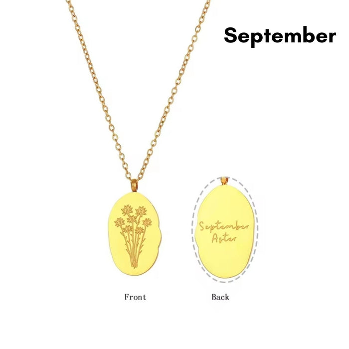 Engraved Birth Flower Pendant Necklace