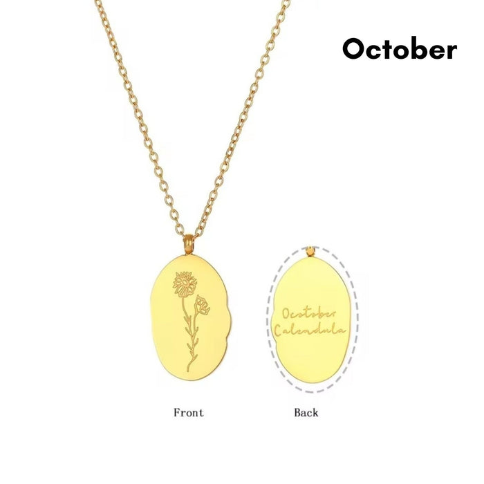Engraved Birth Flower Pendant Necklace