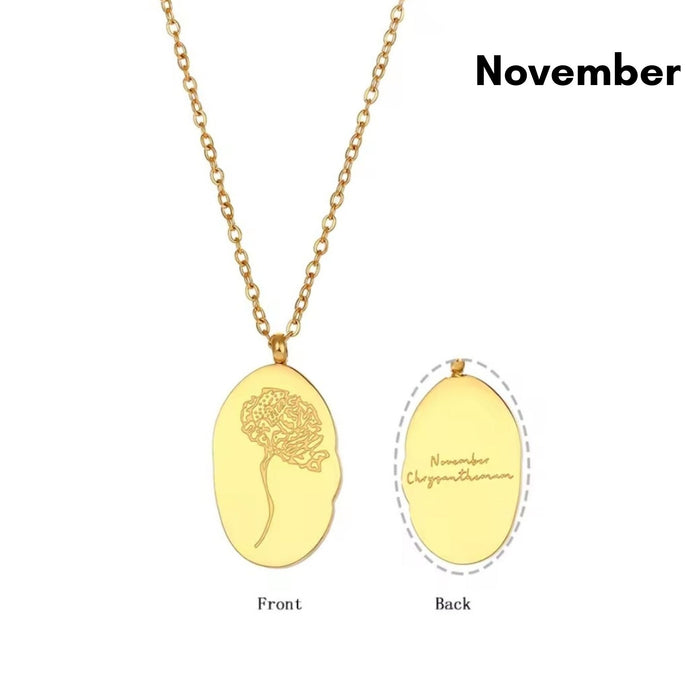 Engraved Birth Flower Pendant Necklace