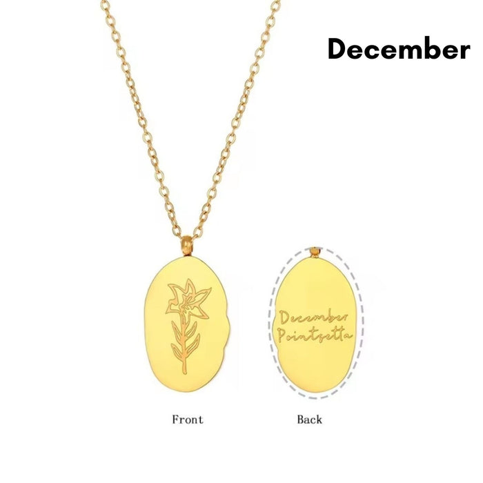 Engraved Birth Flower Pendant Necklace