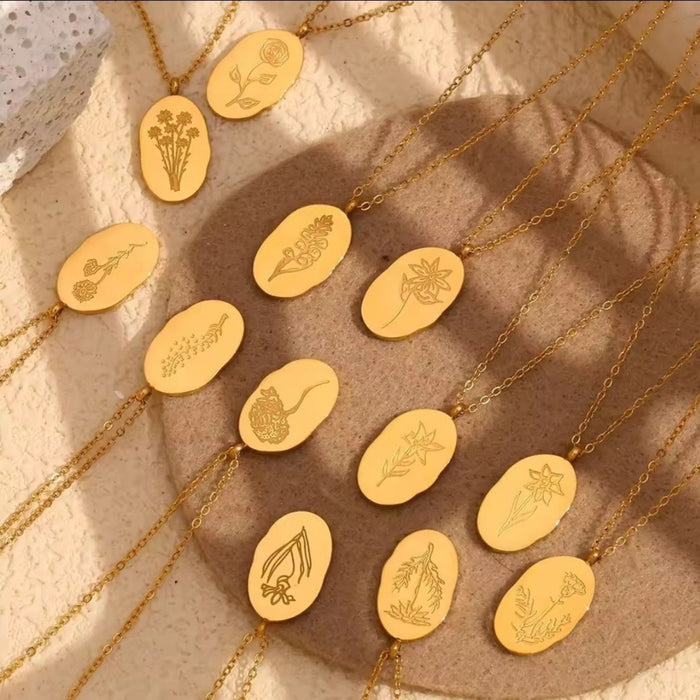 Engraved Birth Flower Pendant Necklace