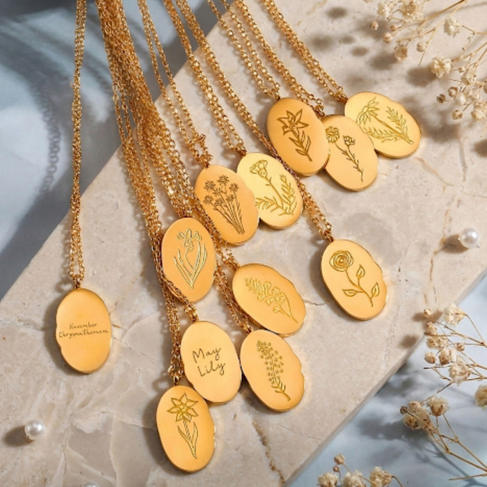 Engraved Birth Flower Pendant Necklace