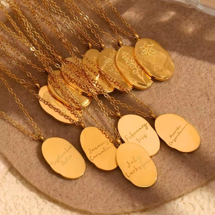 Engraved Birth Flower Pendant Necklace