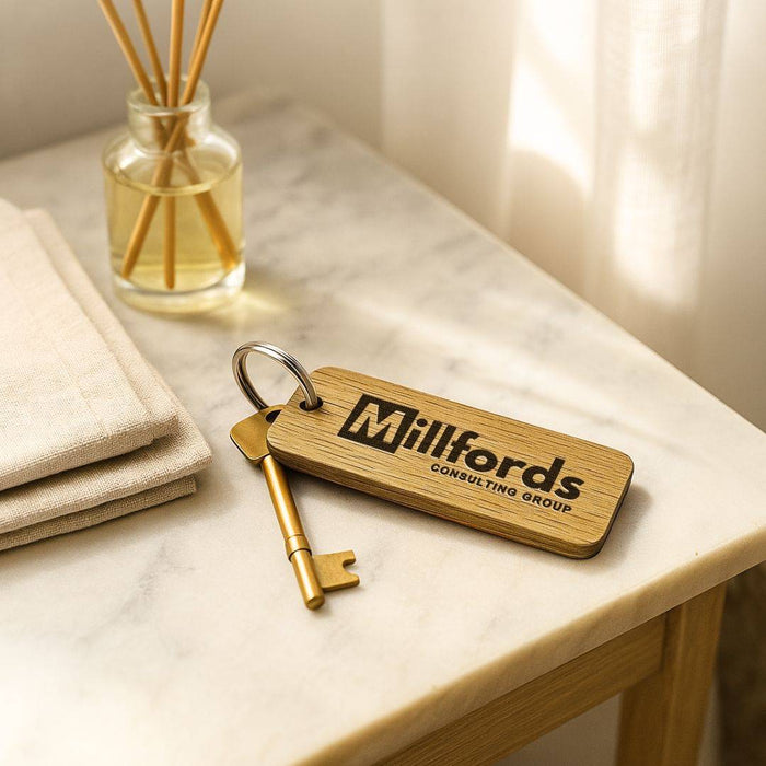 Engraved Business Logo Keyring I Branded Wooden Keychain I Personalised Oak Keyring