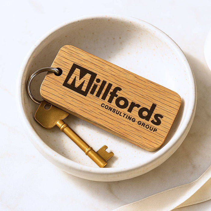 Engraved Business Logo Keyring I Branded Wooden Keychain I Personalised Oak Keyring