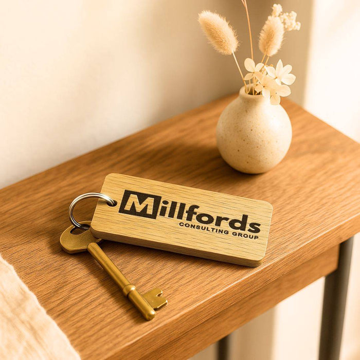 Engraved Business Logo Keyring I Branded Wooden Keychain I Personalised Oak Keyring