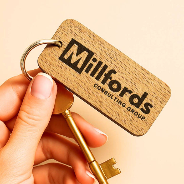 Engraved Business Logo Keyring I Branded Wooden Keychain I Personalised Oak Keyring
