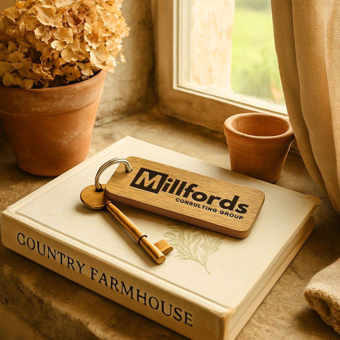 Engraved Business Logo Keyring I Branded Wooden Keychain I Personalised Oak Keyring