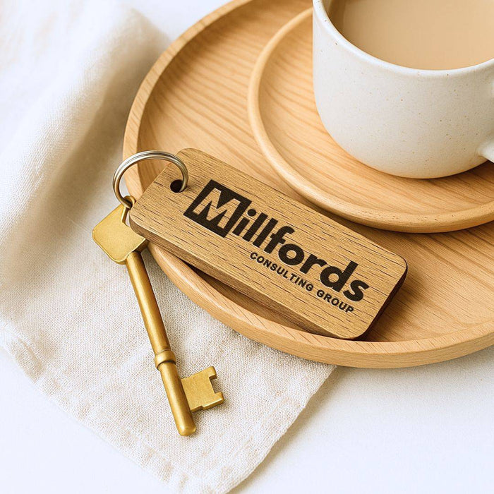 Engraved Business Logo Keyring I Branded Wooden Keychain I Personalised Oak Keyring