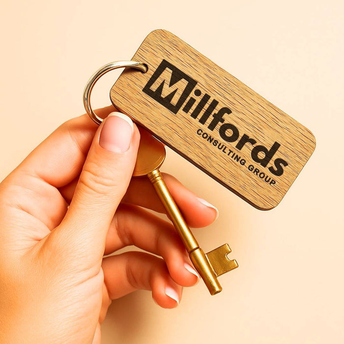Engraved Business Logo Keyring I Branded Wooden Keychain I Personalised Oak Keyring