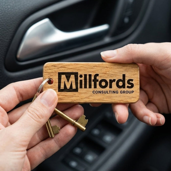 Engraved Business Logo Keyring I Branded Wooden Keychain I Personalised Oak Keyring