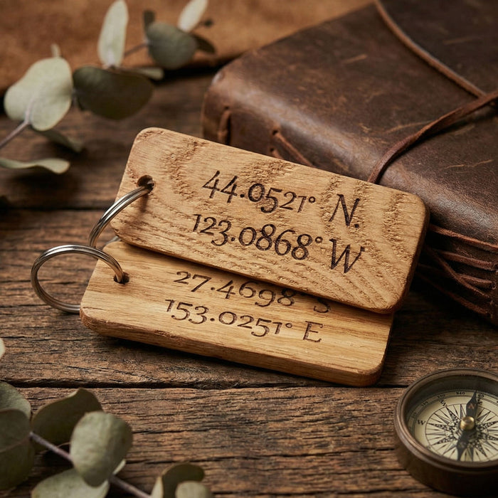 Engraved Coordinates Keyring I Wooden Anniversary Gift