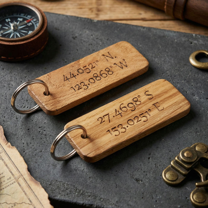 Engraved Coordinates Keyring I Wooden Anniversary Gift