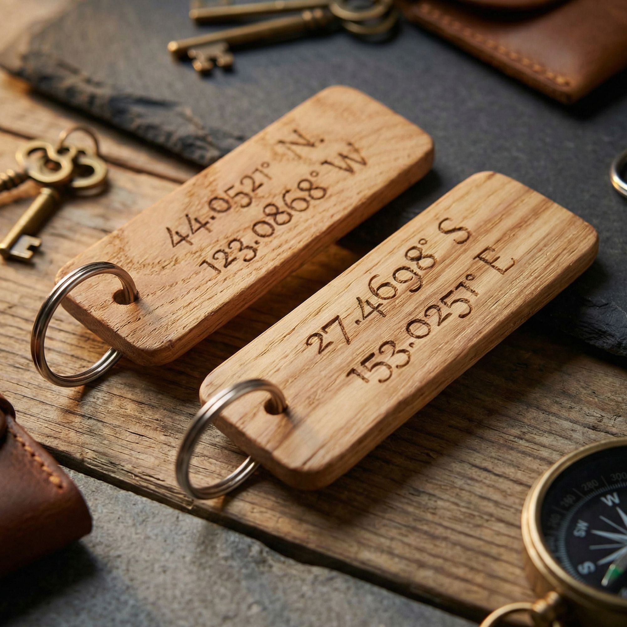 Engraved Coordinates Keyring I Wooden Anniversary Gift