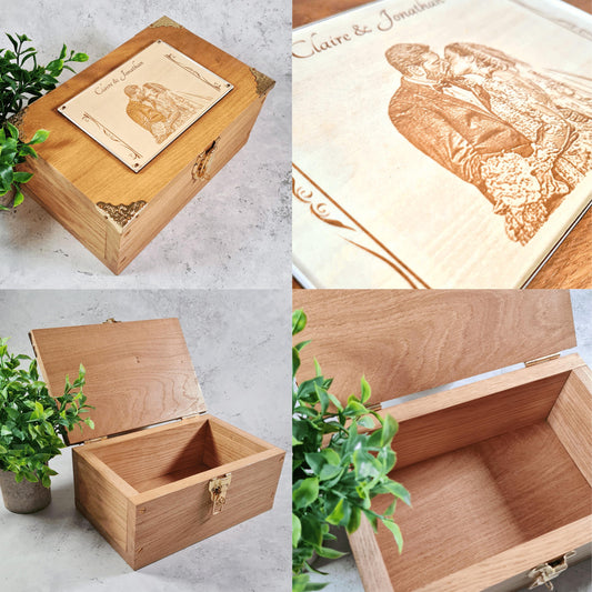 Engraved Couples Photo Keepsake Box - Solid Oak Wedding Memory Box