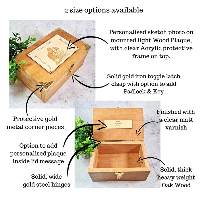 Engraved Couples Photo Keepsake Box - Solid Oak Wedding Memory Box