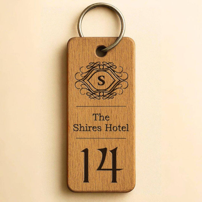 Engraved Hotel Guesthouse Keyring I Personalised Oak Keychain I Branded Business Logo Keyring
