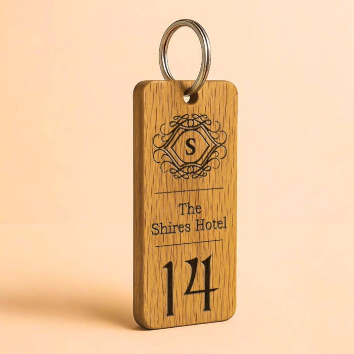 Engraved Hotel Guesthouse Keyring I Personalised Oak Keychain I Branded Business Logo Keyring